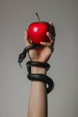 Red apple, black snake, hand of woman. Temptation concept. Hand of Eve holding a red fruit and a snake coiled up her arm. Freewill. Fruit of good and evil. Disobedience concept. Isolated background. - obrazy, fototapety, plakaty