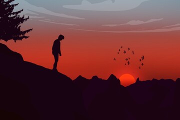 The man stands looking at the sunset. Lofi