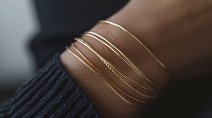 gold bangle bracelets on a woman's wrist - obrazy, fototapety, plakaty