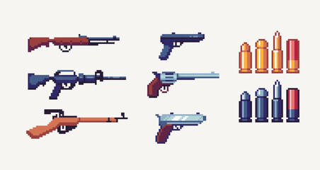 Weapons pixel art set. Guns, rifle and bullets collection. 8 bit. Game development, mobile app. Isolated vector illustration. Cross stitch pattern. - obrazy, fototapety, plakaty