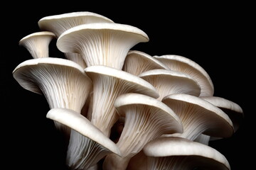 Oyster mushrooms isolated on a black background. Full clipping path. A beautiful bunch of mushrooms.