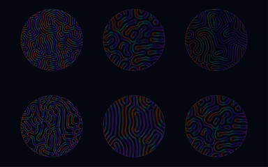 Elegant holographic circles with psychedelic wavy pattern in neon bright colors.