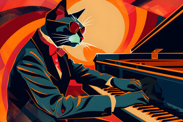 Beautiful illustration of a cat characterized as a jazz pianist playing piano