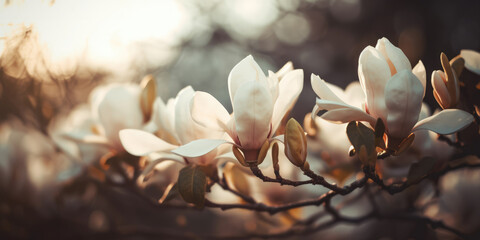 Magnolia flowers on a tree branch in spring. Magnolia tree blossom in spring time. Beautiful spring nature background