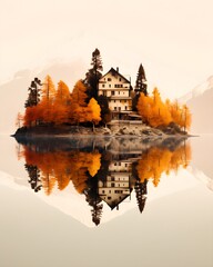 Fototapeta premium photo wallpaper, house on the lake, autumn landscape, Nordic, mountains in the background, Alpine landscape in black and orange tones