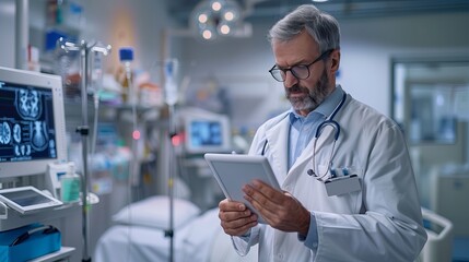 Close up of doctor holding digital tablet