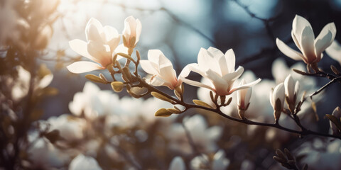 Magnolia flowers on a spring day. Magnolia tree blossom in springtime. Beautiful spring background