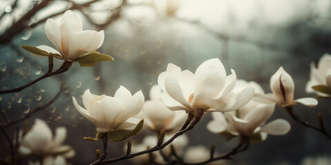 Magnolia tree blossom in springtime. Beautiful white magnolia flowers