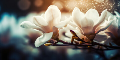 Beautiful magnolia flowers on a spring day. Magnolia flowers blooming in the garden