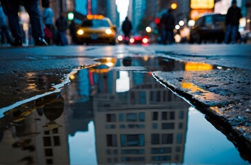 Urban Reflections: The Glow of City Lights Mirrored in a Street Puddle, generative AI
