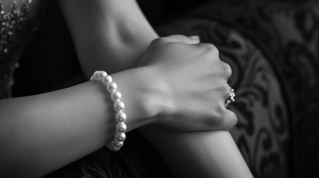 black and white focus on the pearl bracelet around a woman's wrist