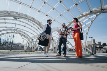 A group of young business partners collaborates outdoors in an urban city, discussing strategies, marketing, and profitability.