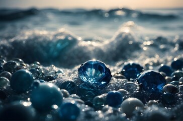 Crystal Clear Beauty: A Macro View of a Blue Water Sphere and Glossy Pearls, generative AI