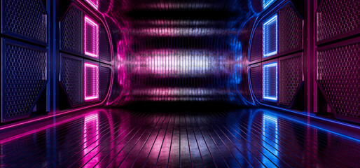 Technology background Futuristic corridor Futuristic tunnel. Metal garage with neon lights in blue...