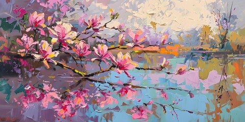 painting of flowers in bloom by a lake, with a waterfall, in the style of palette knife impressionism, cherry blossoms, light violet, eastern brushwork, landscape-focused, photorealistic pastiche