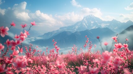Fototapeta na wymiar serene pink blooms in front of misty mountain peaks and valleys