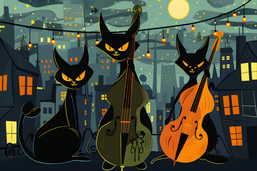 Illustration of 3 black cats playing the cello at night on a street