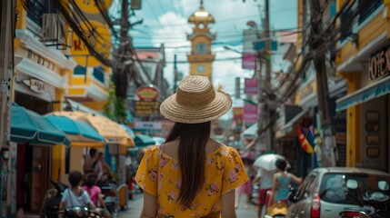 Obraz na płótnie Canvas Tourist exploring colorful asian street market. a woman in a hat appreciates foreign culture. perfect for travel bloggers. urban adventure theme. AI