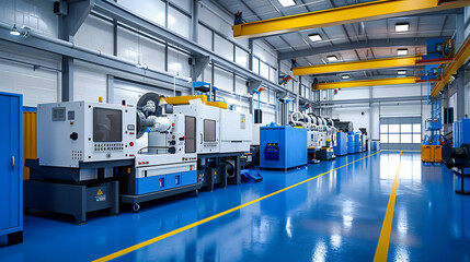 Precision Machinery: Industrial Factory with Modern Equipment, Machines, and Workers in a Controlled Environment