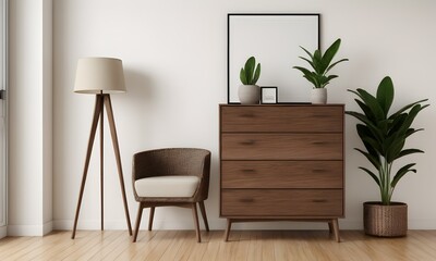 Obraz na płótnie Canvas Elegant home setting with wood elements, real estate and lifestyle theme. AI illustration.