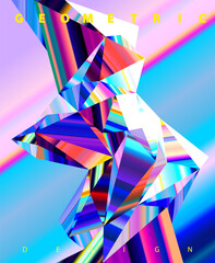 Abstract 3D glass crystals on dynamic gradient background. Colorful polygonal shape. - 749495915