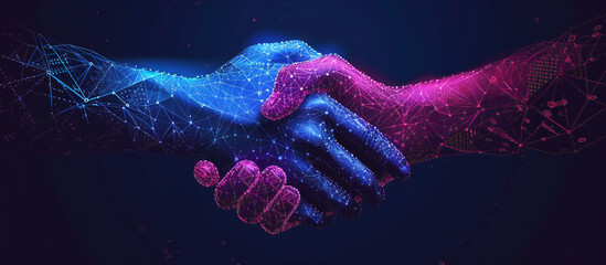 Polygonal hands in blue and pink, illustrating a digital handshake against a dark background. This image is perfect for: technology, partnership, innovation, digital transformation, virtual reality. - obrazy, fototapety, plakaty
