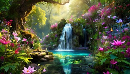 Enchanted Oasis: Magical Waterfall Amidst Lush Forest, Home to Fairies and Unicorns