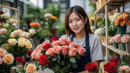 Asian woman florist collects a bouquet of roses- fresh cut flowers in boxes and vases in flower shop and racks for sale, delivery for the holiday. Spring, March 8, women's Day, birthday.