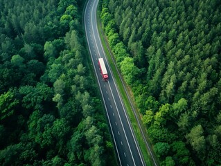 A lone truck travels a forest-lined highway, merging technology with nature's tranquility - obrazy, fototapety, plakaty