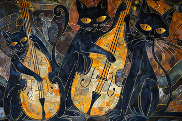 Black cat playing cello. Beautiful illustration