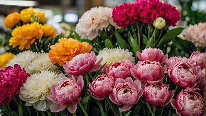Multicolored pions in a flower shop - fresh supply of cut flowers for spring holidays, floral shop. 