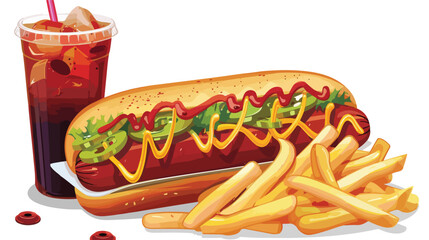 Delicious hot dog with soda and french fries vector - obrazy, fototapety, plakaty