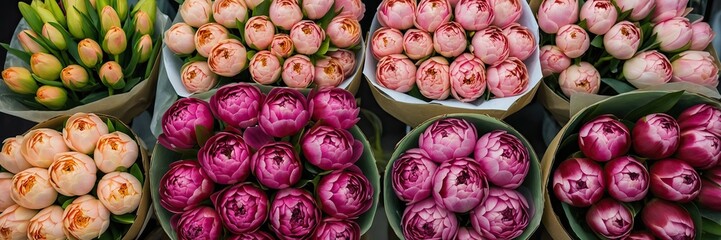 Obraz premium Multicolored pions in a flower shop - fresh supply of cut flowers for spring holidays, floral shop. 
