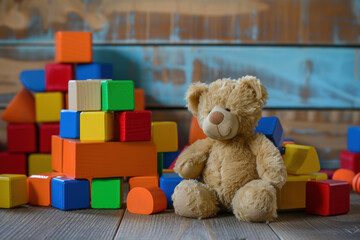 Teddy Bear and Colorful Wooden Blocks in a Playful Nursery Setting