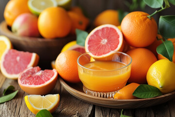 Fresh Citrus Fruits and Juice on Rustic Wooden Table with Lush Greenery
