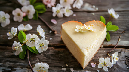 Obraz na płótnie Canvas Cheesecake in a heart shape, spring background
