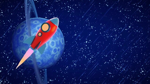 Old style 3d retro exploration vintage rocket with Blue rings planet in space. Fast warp teleport speed with copy space for text. Nice stars. Business metaphor of success, courage and good plan. 
