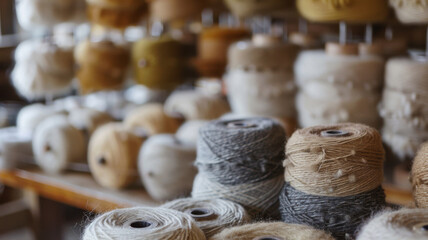 Fototapeta na wymiar detailed view of various yarn spools with an array of neutral colors, showcasing textures and materials in a textile workshop.
