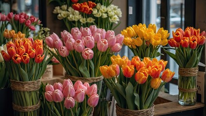 Multicolored tulips in a flower shop - fresh supply of cut flowers for spring holidays, floral shop window