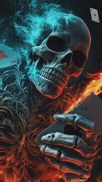 skeleton , cards and flames of fire