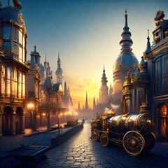 steampunk cityscape at sunrise - obrazy, fototapety, plakaty