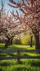 Fototapeta premium Blooming spring background - apple trees in the garden in flowers, the first spring flowers, nature blooms