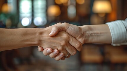Two hands shaking hands and making a deal in an office - obrazy, fototapety, plakaty