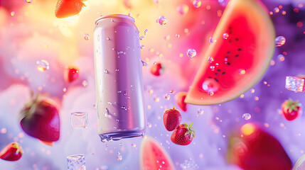 Plain can, floating, tilted up slightly, facing camera, strawberries and watermelon wedges scattered in the air in the background, all hovering in an abstract vibrant space