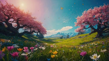 Fototapeta na wymiar Blooming spring background - apple trees in the garden in flowers, the first spring flowers, nature blooms