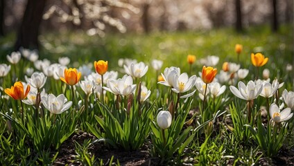 The first spring flowers bloomed in the grass in the sunlight - spring background, spring time