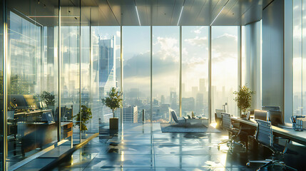 Urban Panorama: Modern Business Space with Empty Rooms and Skyline Views