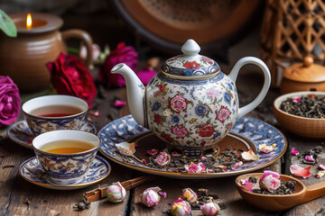 Fototapeta na wymiar Traditional Floral Teapot and Cups on Wooden Table with Blooming Roses