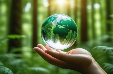Hands Holding Globe Glass In Green Forest - Environment Concept 