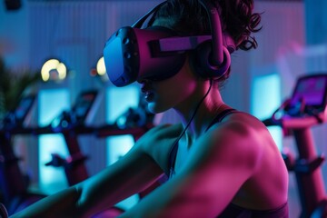 Obraz na płótnie Canvas A woman in a virtual reality headset while in a gym environment, engaging in aVR workout experience